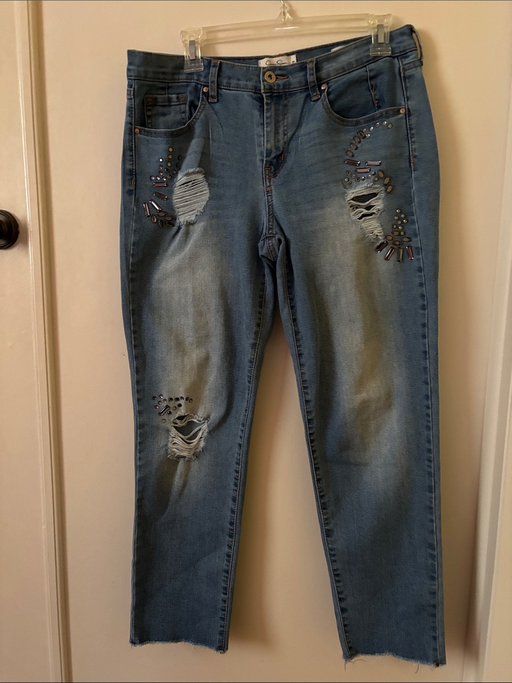 Jessica Simpson Light Blue Distressed Boyfriend Jeans with Stud Embellishments